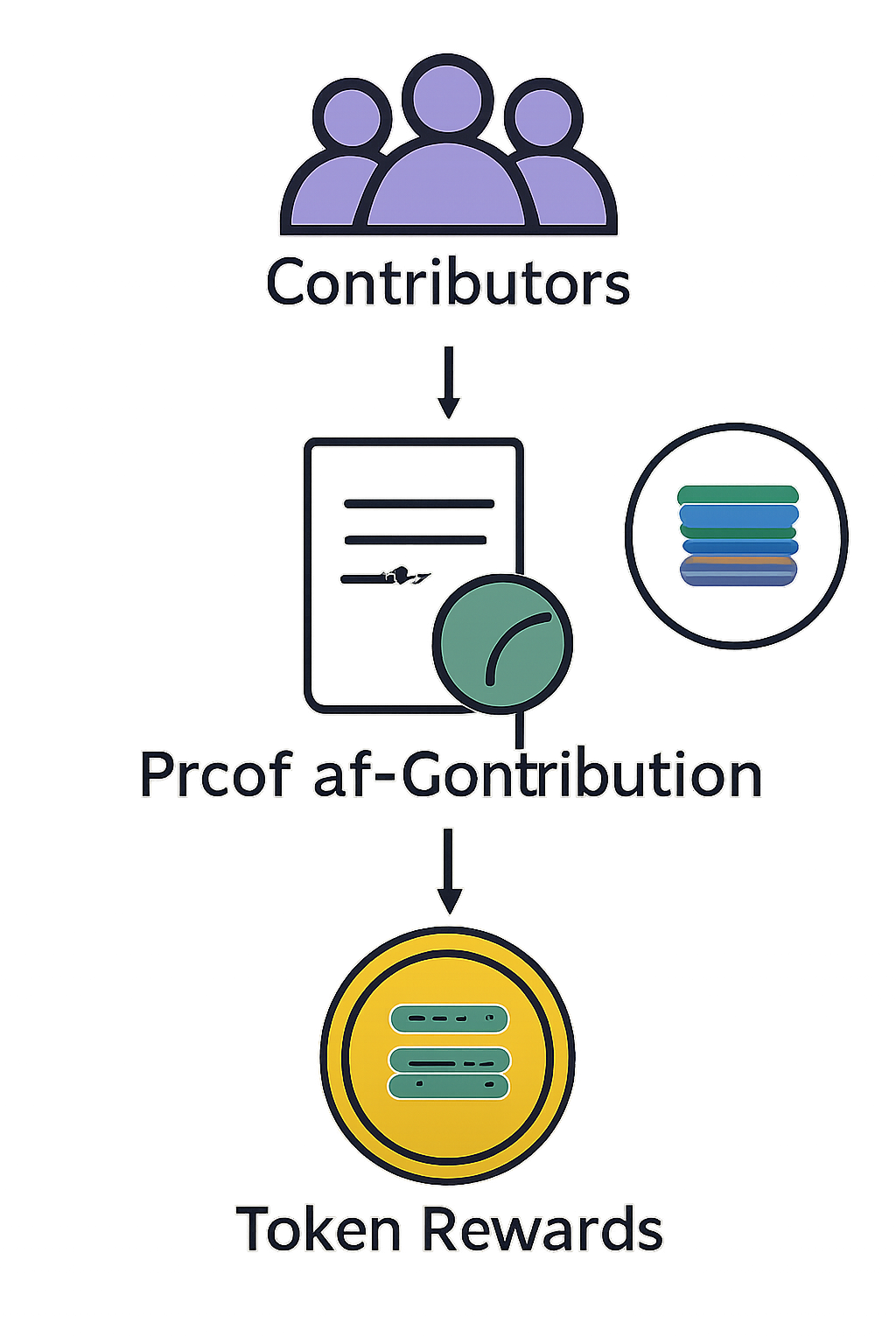 A flowchart showing contributors, proof-of-contribution checks, and automated token rewards, all anchored to the Solana logo.