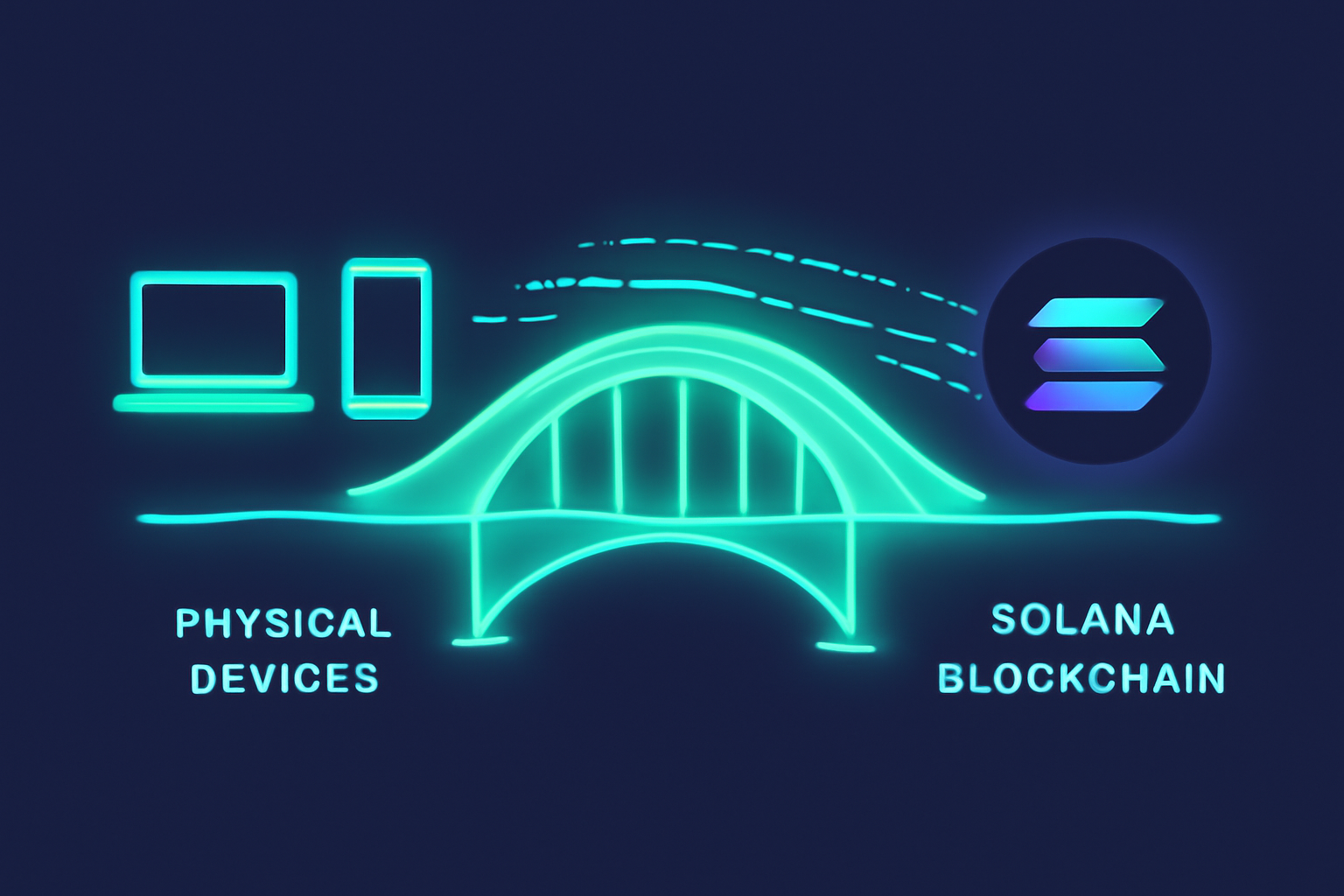 A glowing digital bridge connecting physical devices to the Solana blockchain, with data streams flowing across.