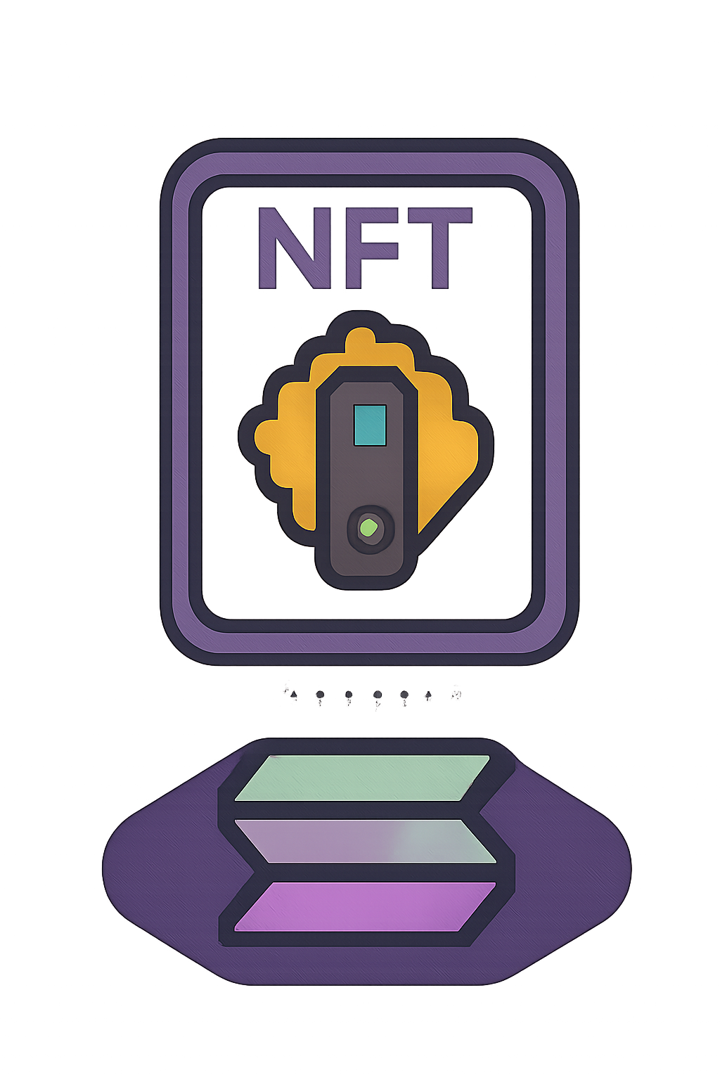 A stylized NFT card with a hardware device icon, compressed into a small digital packet, floating above the Solana blockchain.