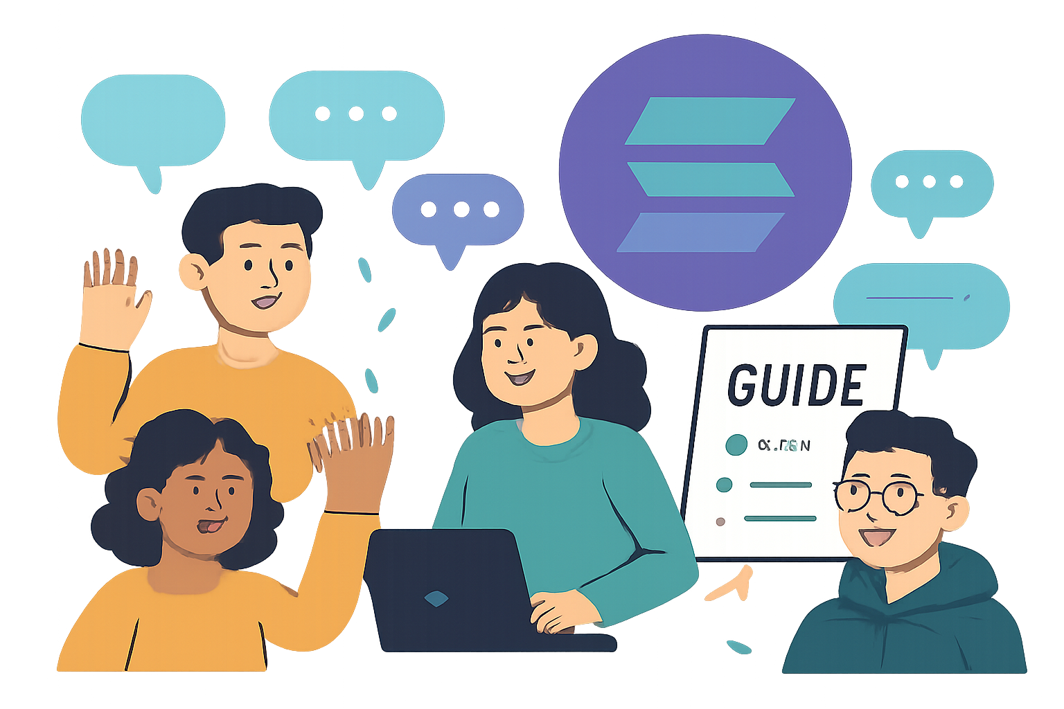 A welcoming online community with chat bubbles, guides, and the Solana logo, representing active engagement and support.