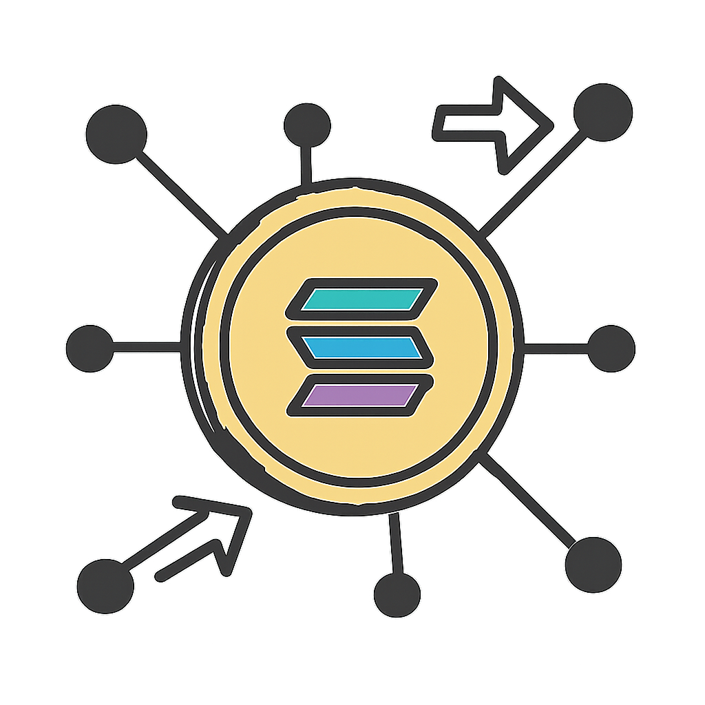 A digital coin with Solana's logo, surrounded by network nodes and transaction arrows, symbolizing token creation and movement.