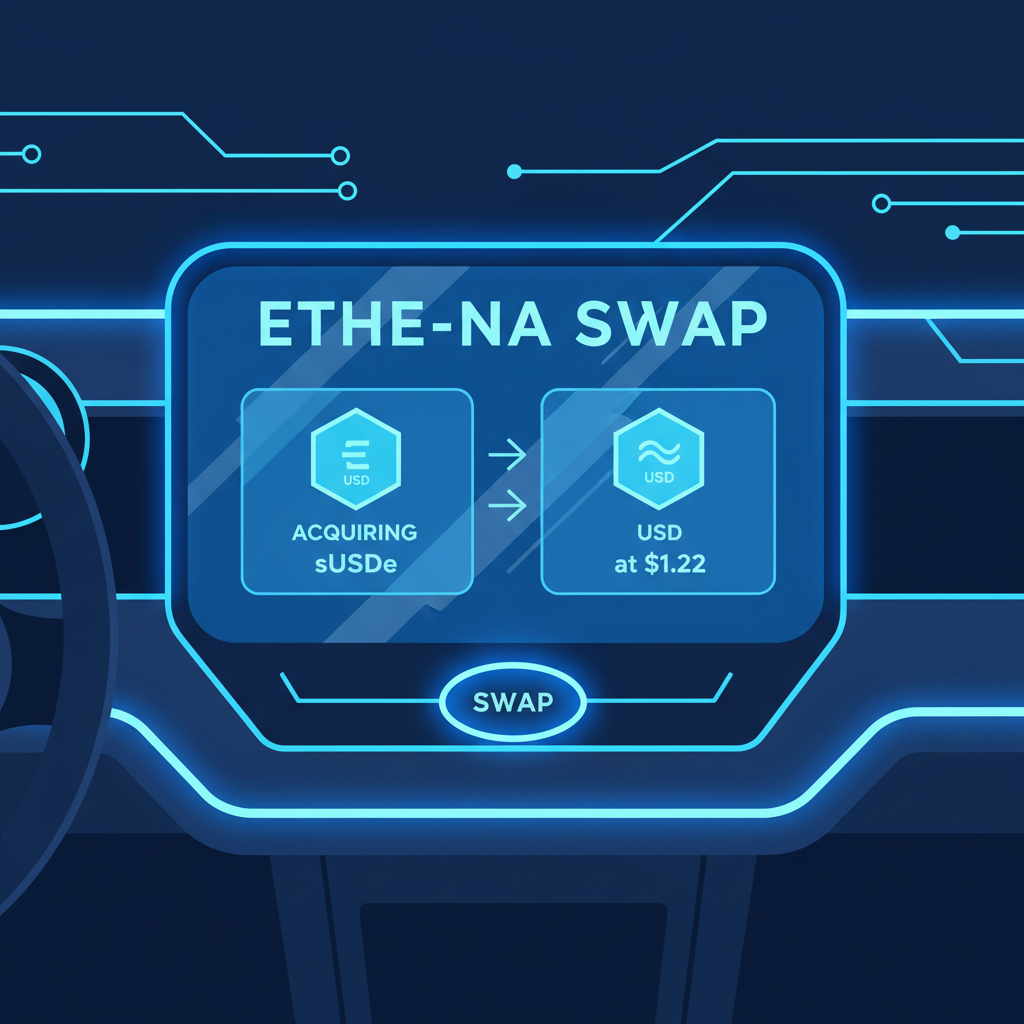 Futuristic dashboard showing Ethena swap interface acquiring sUSDe at $1.22, neon blue tones, high-tech UI