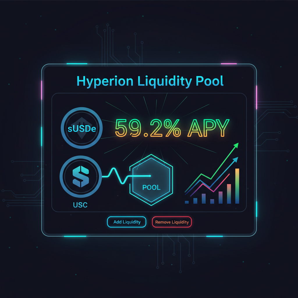Vibrant Hyperion liquidity pool interface with sUSDe-USDC, 59.2% APY glowing, charts rising, cyberpunk style