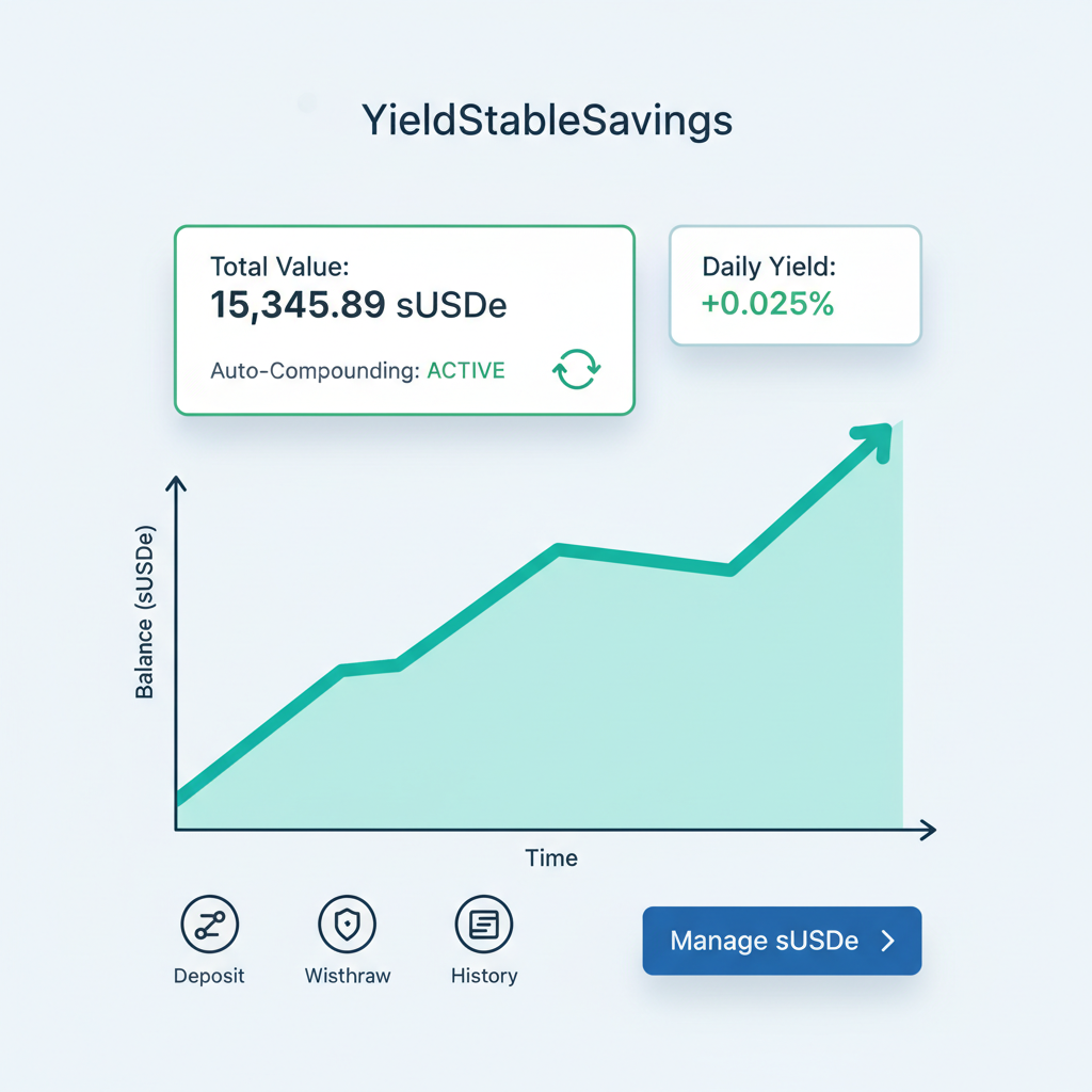 Sleek YieldStableSavings dashboard auto-compounding sUSDe, growth charts upward, minimalist modern design