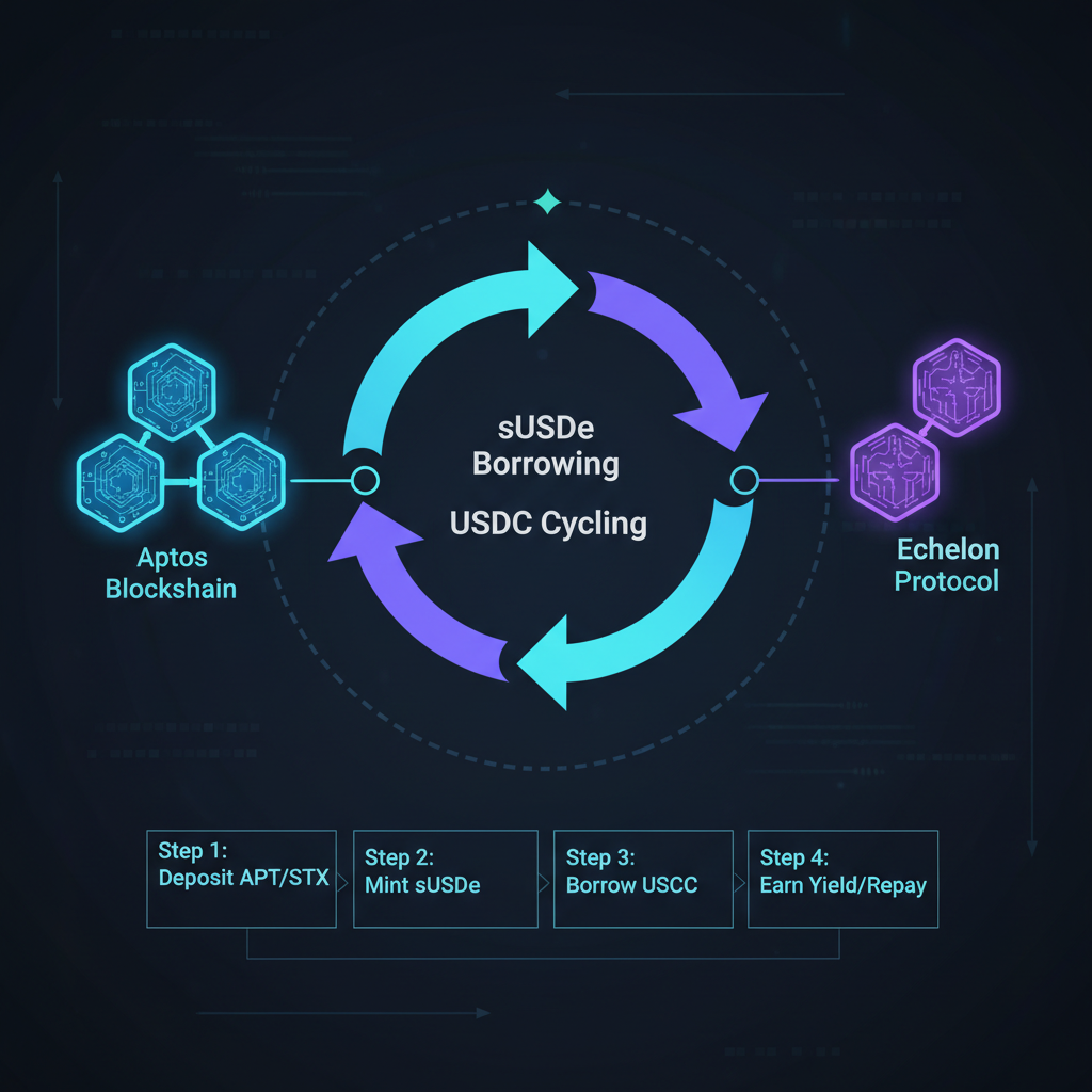 Dynamic Aptos Echelon looping diagram, sUSDe borrowing USDC arrows cycling, futuristic blockchain nodes