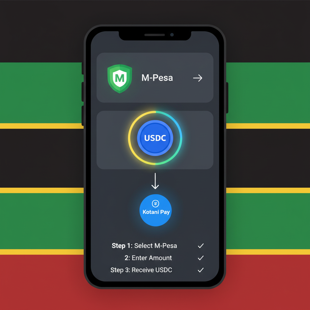 Smartphone screen showing M-Pesa to USDC conversion via Kotani Pay, glowing stablecoin icons, East African flag colors