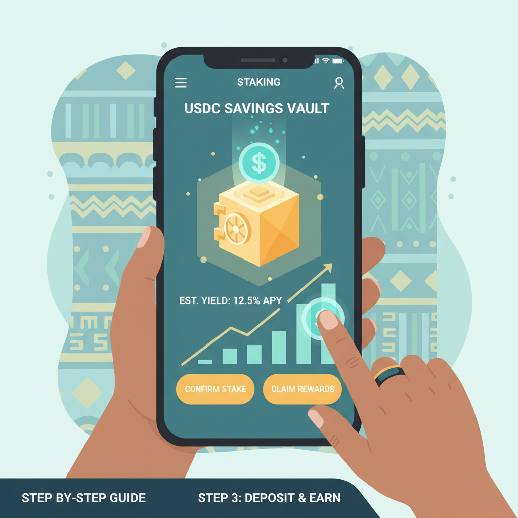 User staking USDC coins into glowing savings vault on app, yield percentage charts rising, futuristic African fintech vibe
