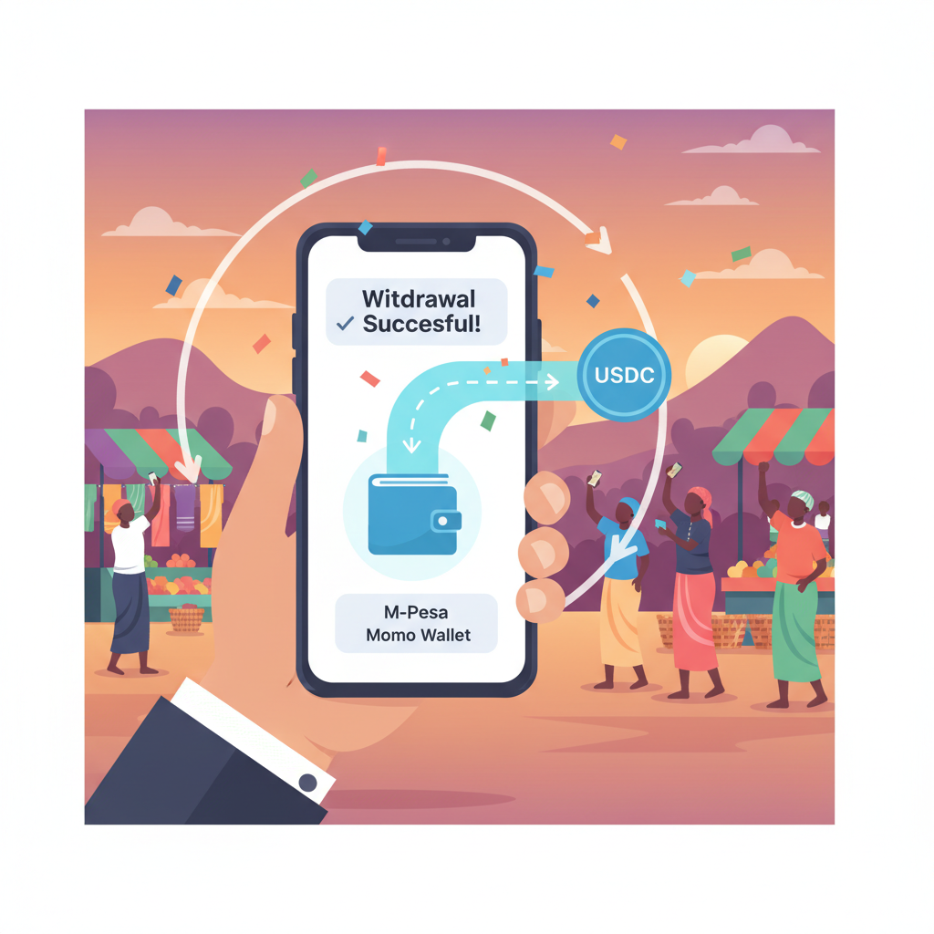 Hand withdrawing USDC to M-Pesa MoMo wallet on phone, money flowing seamlessly, celebratory East African market scene