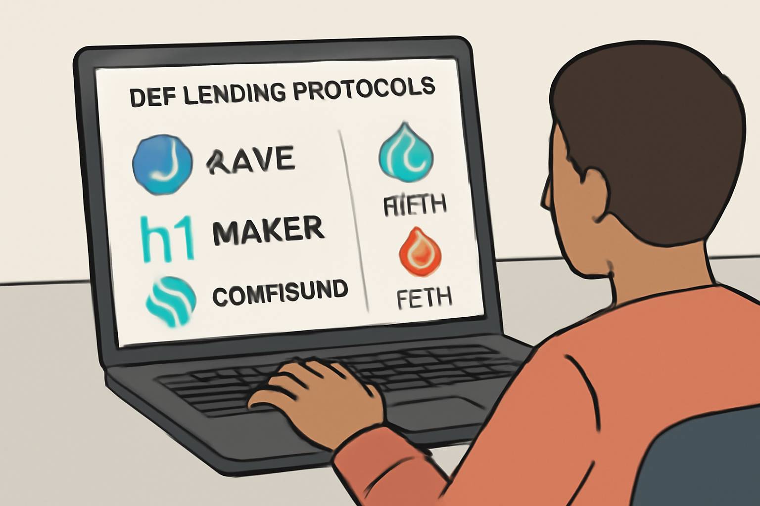 A user browsing a list of DeFi lending protocols on a laptop, with icons for Aave, MakerDAO, and Compound, and LST tokens like stETH and rETH displayed.
