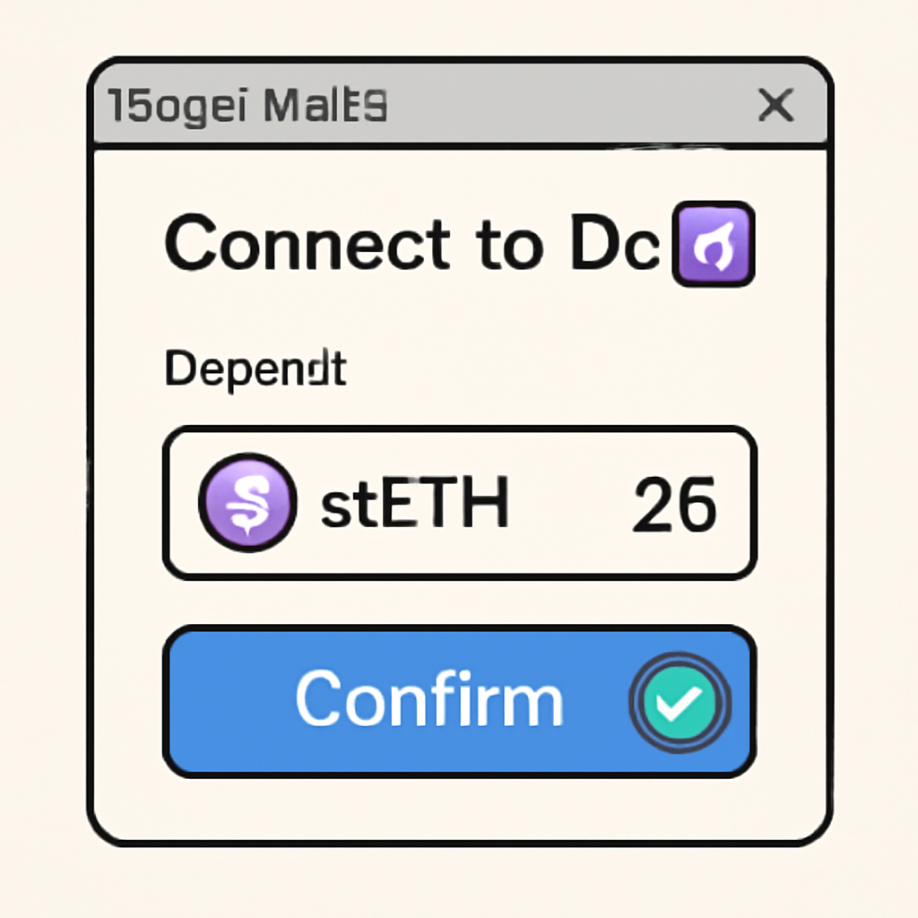 A digital wallet interface connecting to a DeFi platform, with a user depositing stETH tokens and a confirmation checkmark.