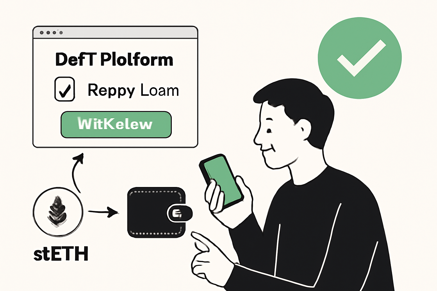 A user confirming loan repayment on a DeFi platform and withdrawing stETH tokens to their wallet, with a celebratory checkmark.
