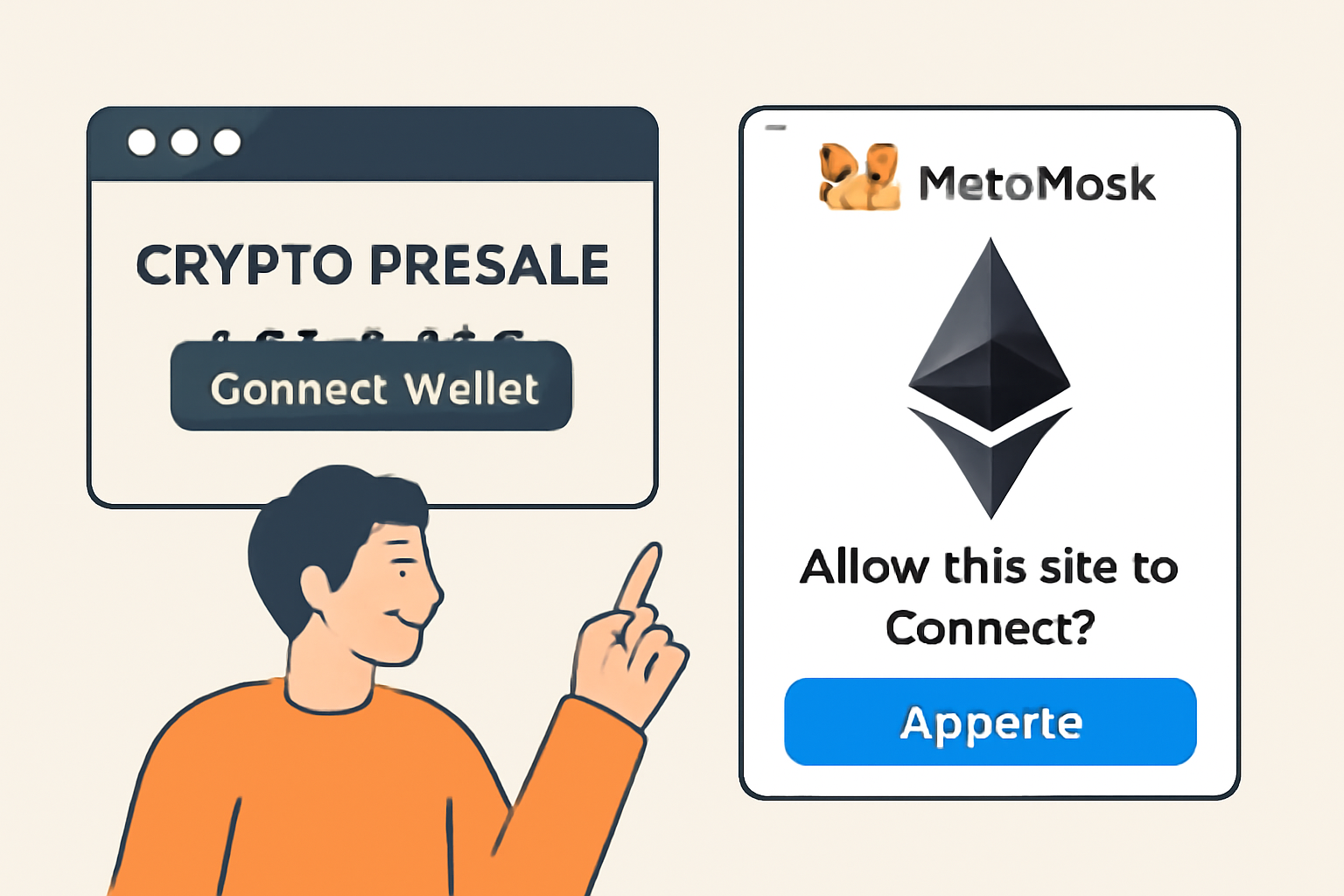 user connecting metamask wallet to crypto presale site, wallet popup approval screen, ethereum logo prominent