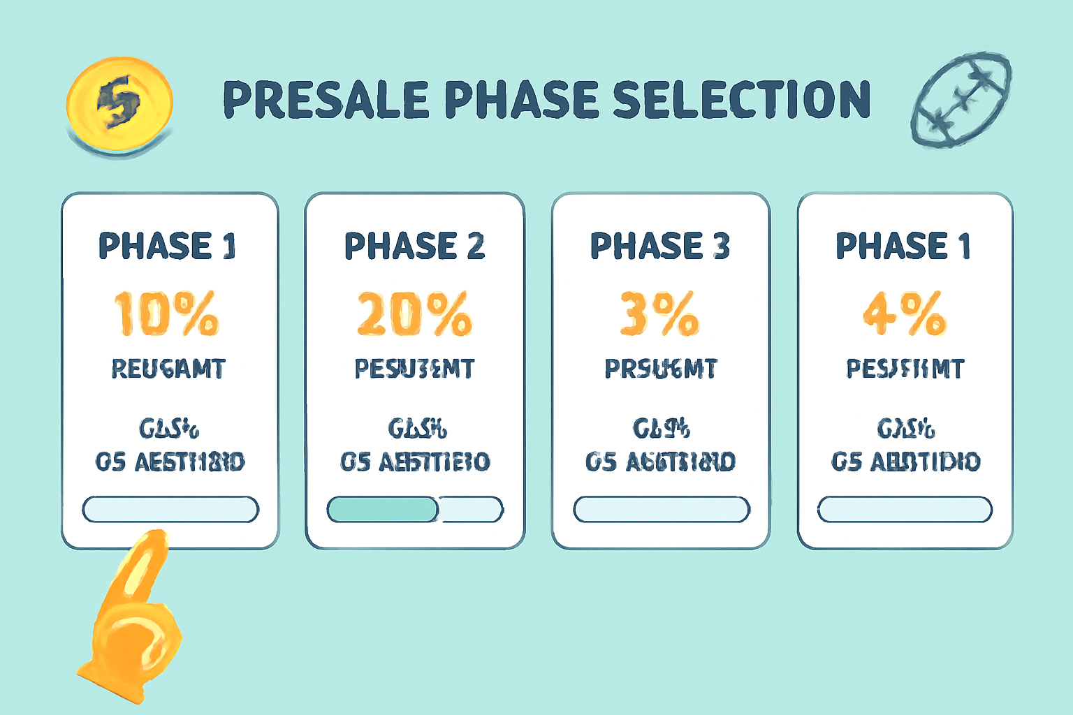 presale phase selection screen showing four phases with discounts and goals, progress bars, sports token theme