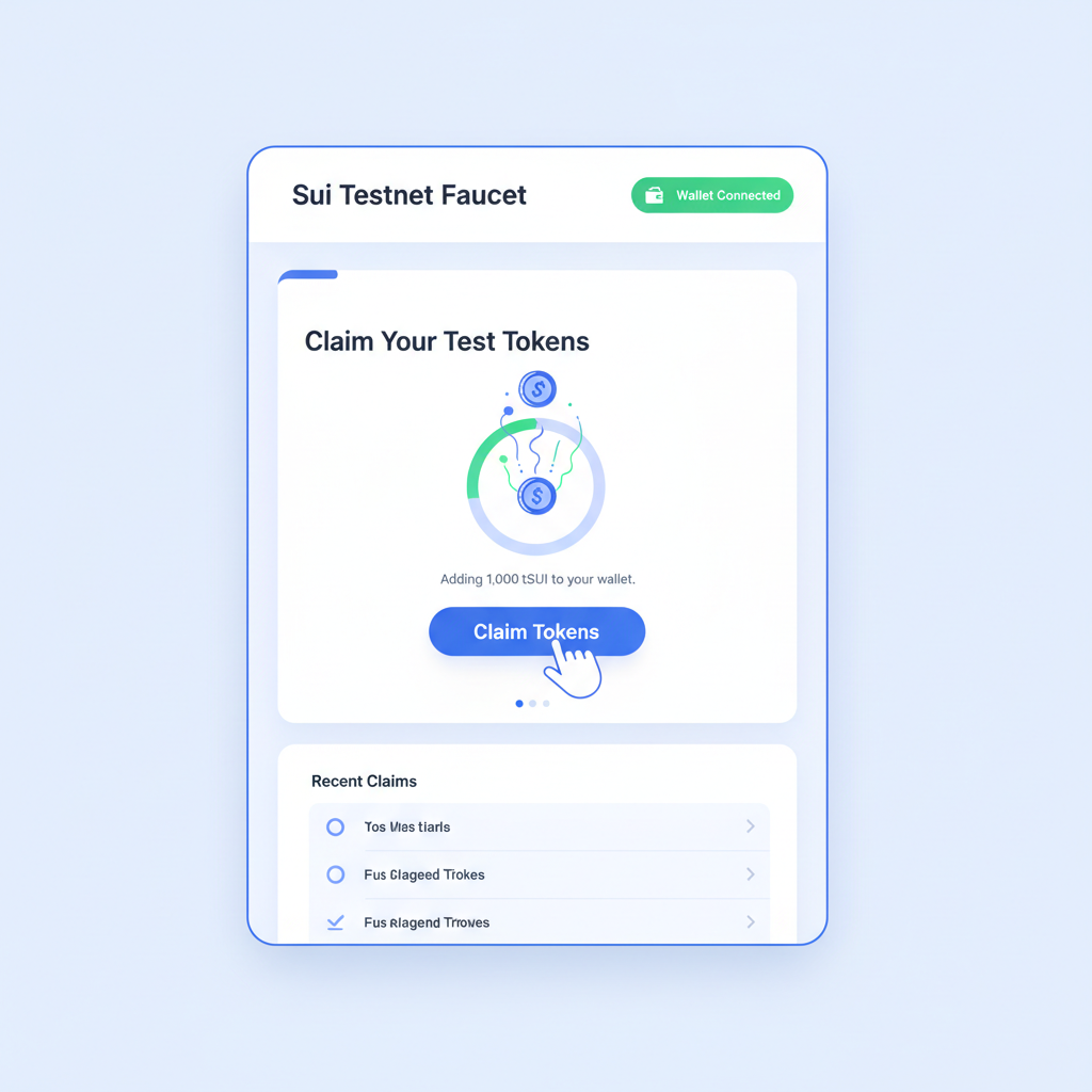 Sui testnet faucet page, wallet connected, claiming tokens animation