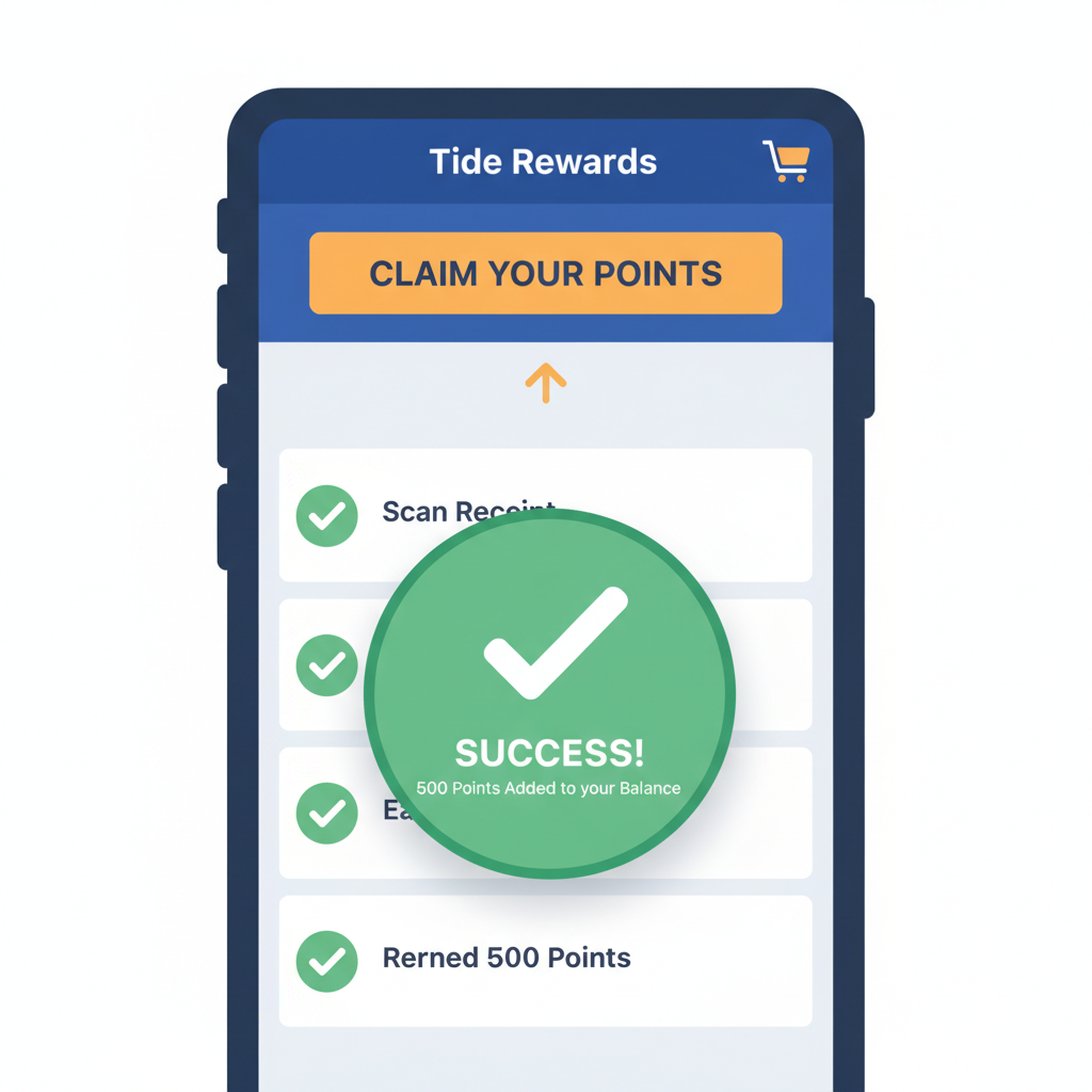 Tide rewards claim screen, points popup notification, success checkmark