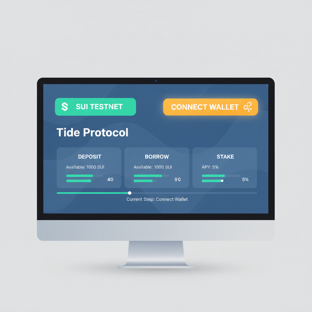 Tide Protocol dashboard, wallet connect button highlighted, Sui testnet banner