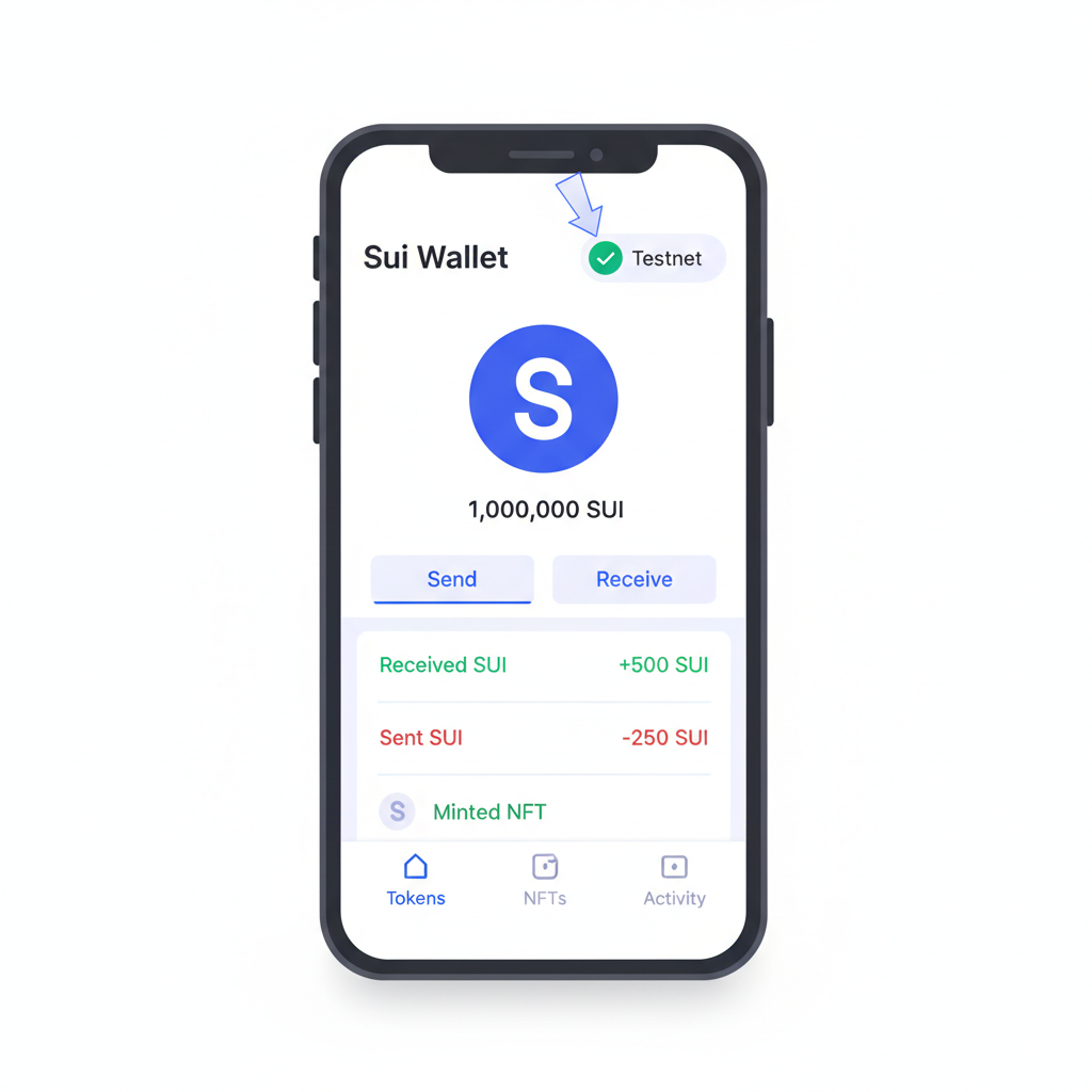 Sui wallet app interface on smartphone, testnet selected, clean UI screenshot style