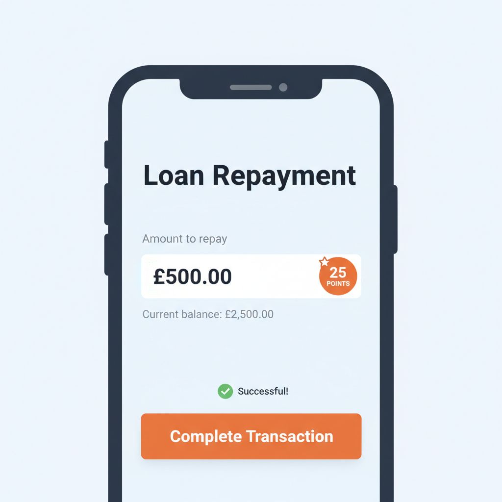 Tide loan repayment screen, amount entered, 25 points badge, complete transaction