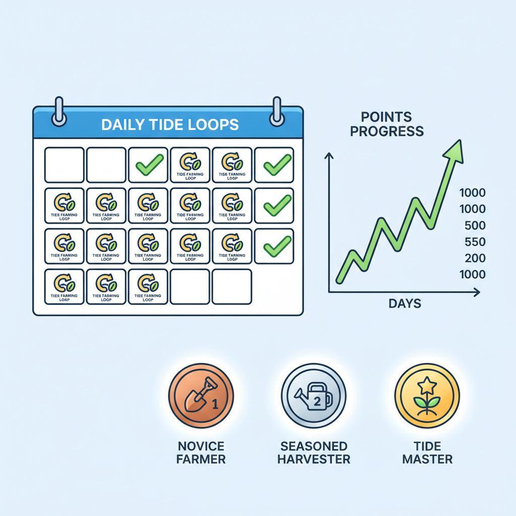 Calendar with daily Tide farming loops, points graph rising, badges unlocked