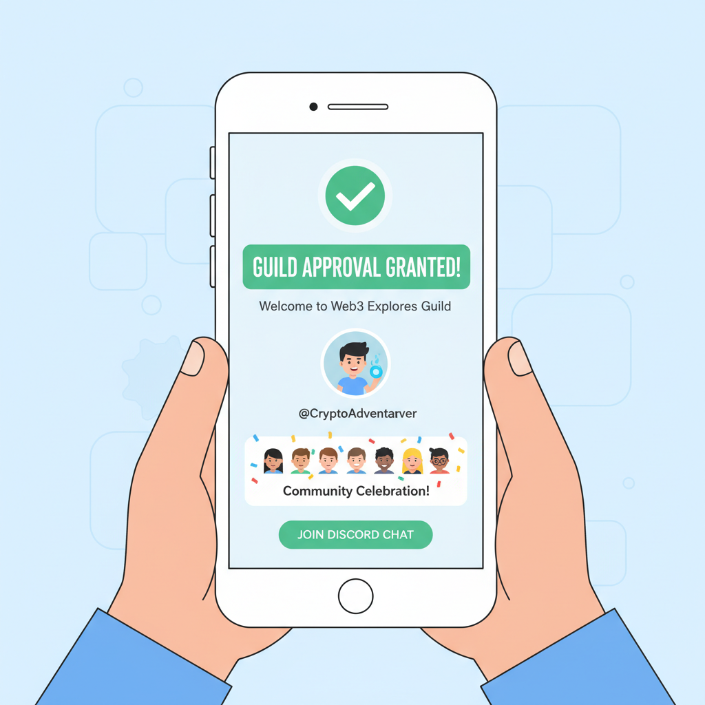 Guild approval notification on mobile, green checkmark, web3 community celebration