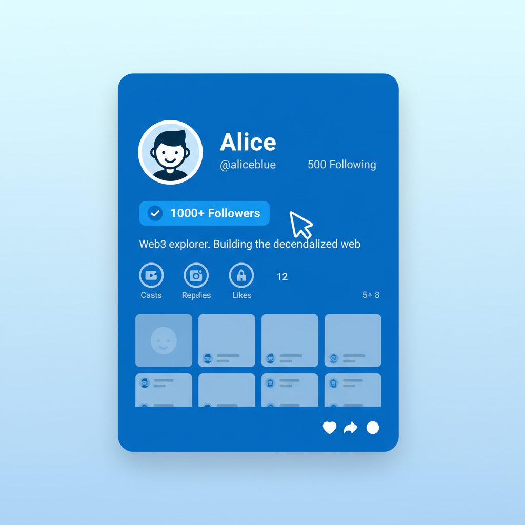 Warpcast profile screenshot showing 1000+ followers, Farcaster blue theme, web3 social UI