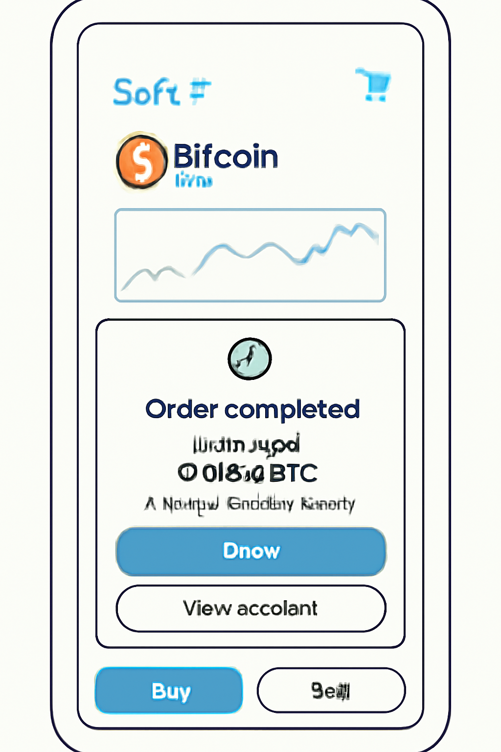 SoFi app crypto trading screen buying BTC, trade confirmation with 1% fee, charts and buttons