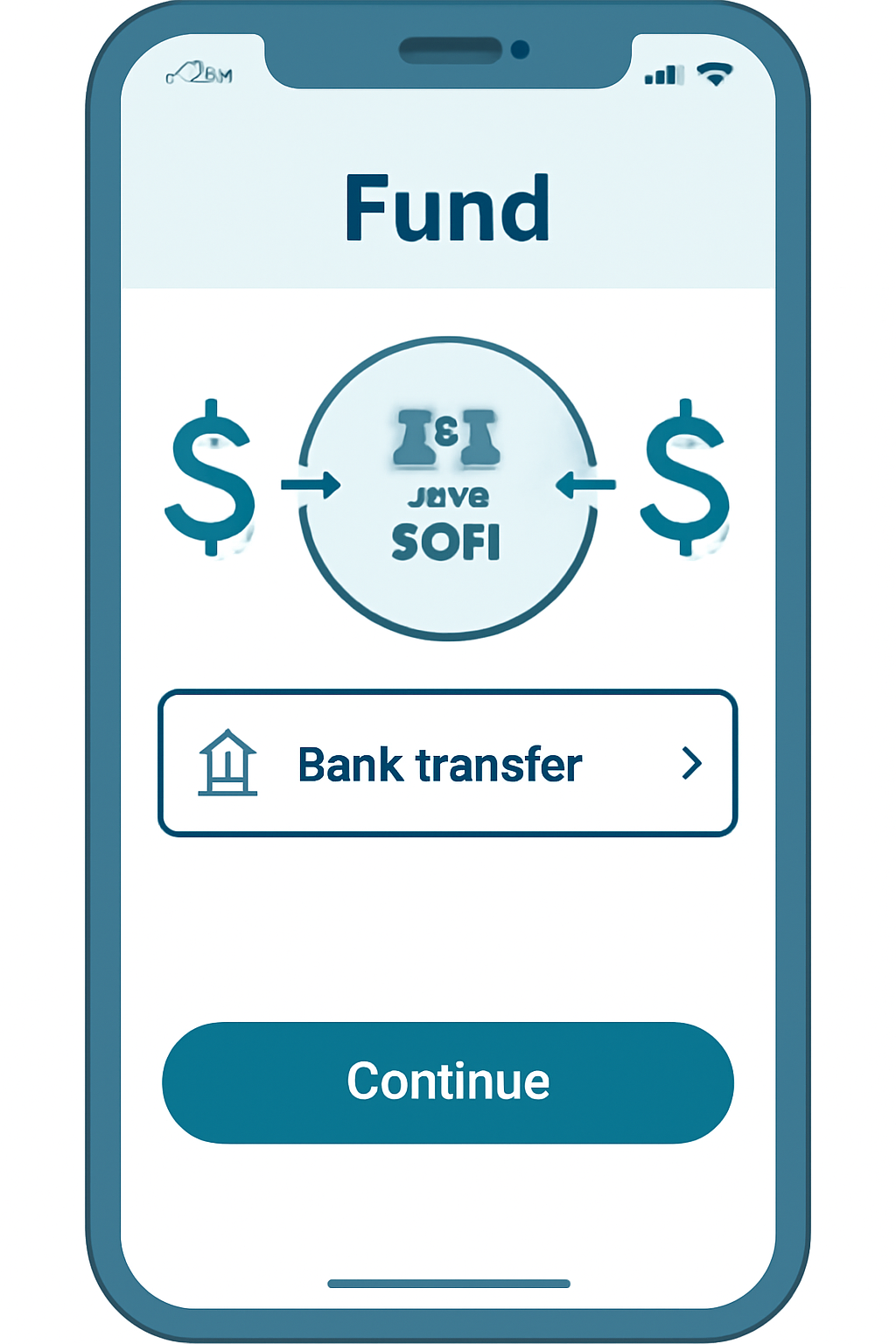 SoFi app funding screen with bank transfer options, dollar signs and arrows, seamless banking UI