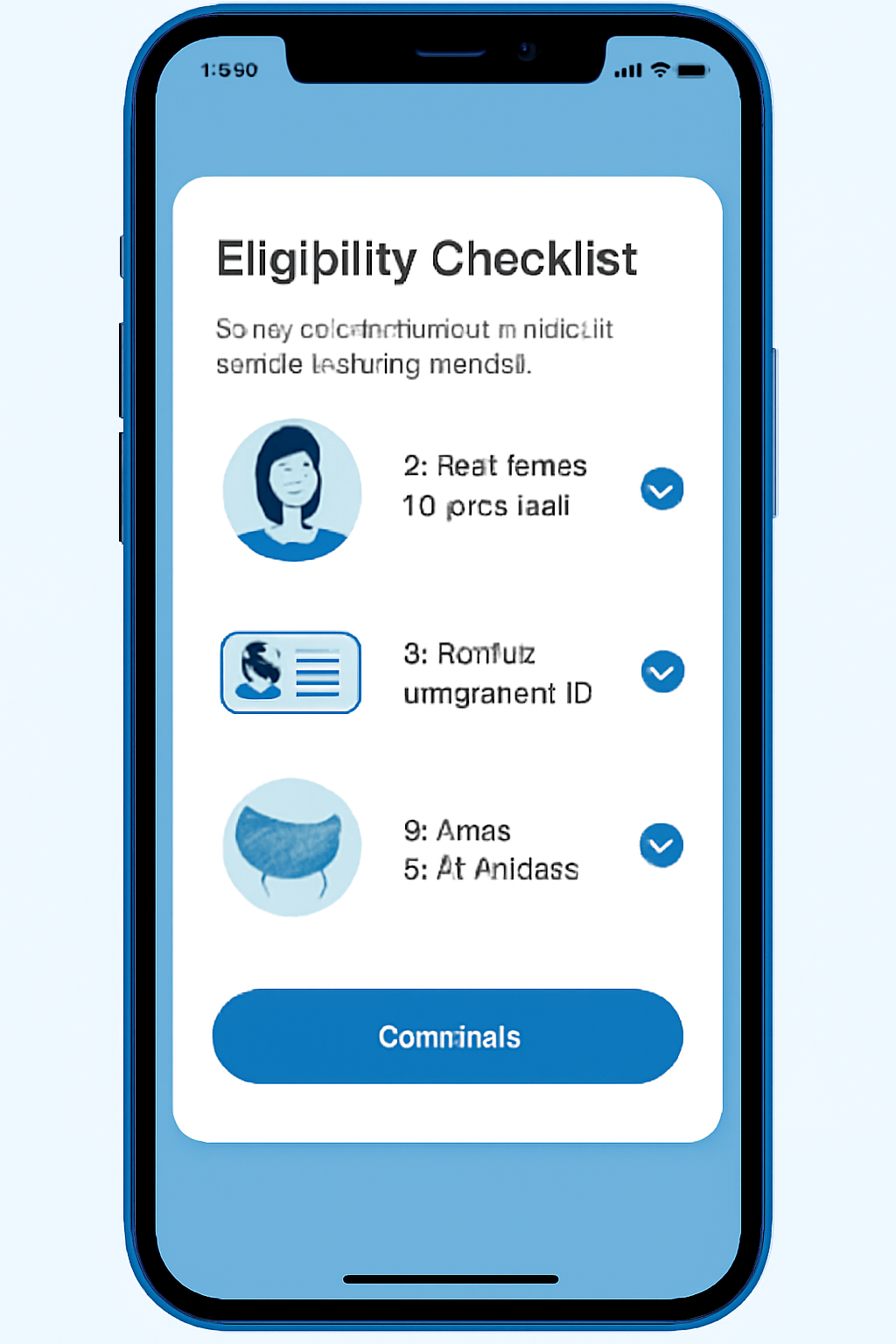 smartphone screen showing eligibility checklist for SoFi crypto account, clean app interface, blue tones