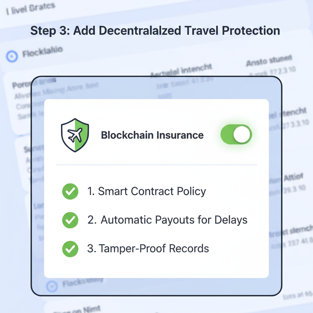 blockchain insurance toggle on flight booking page, shield icon protecting airplane, green checkmarks