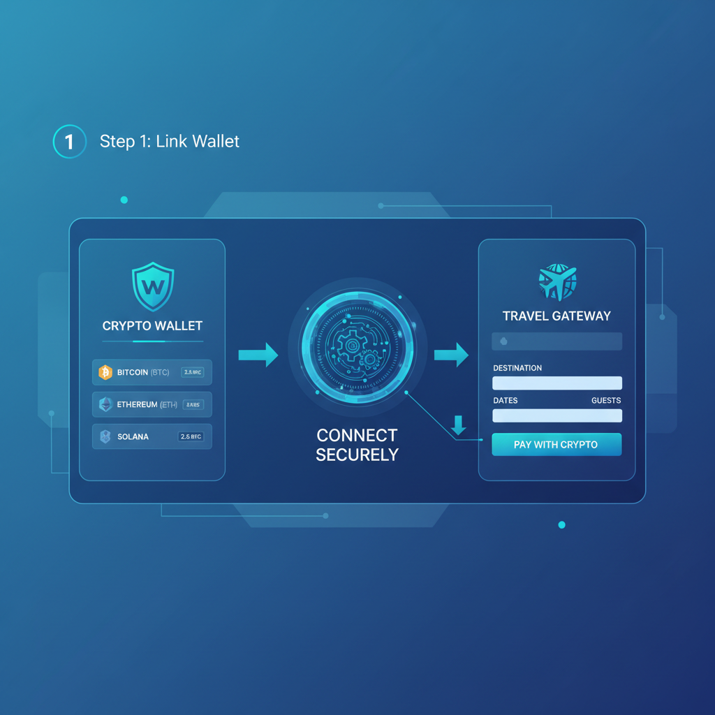 sleek web interface connecting crypto wallet to travel booking site, futuristic UI, blue tones