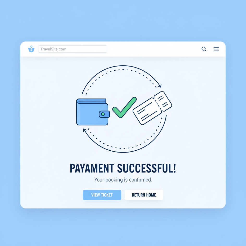 USDC payment confirmation screen on travel site, success animation with ticket and wallet icons