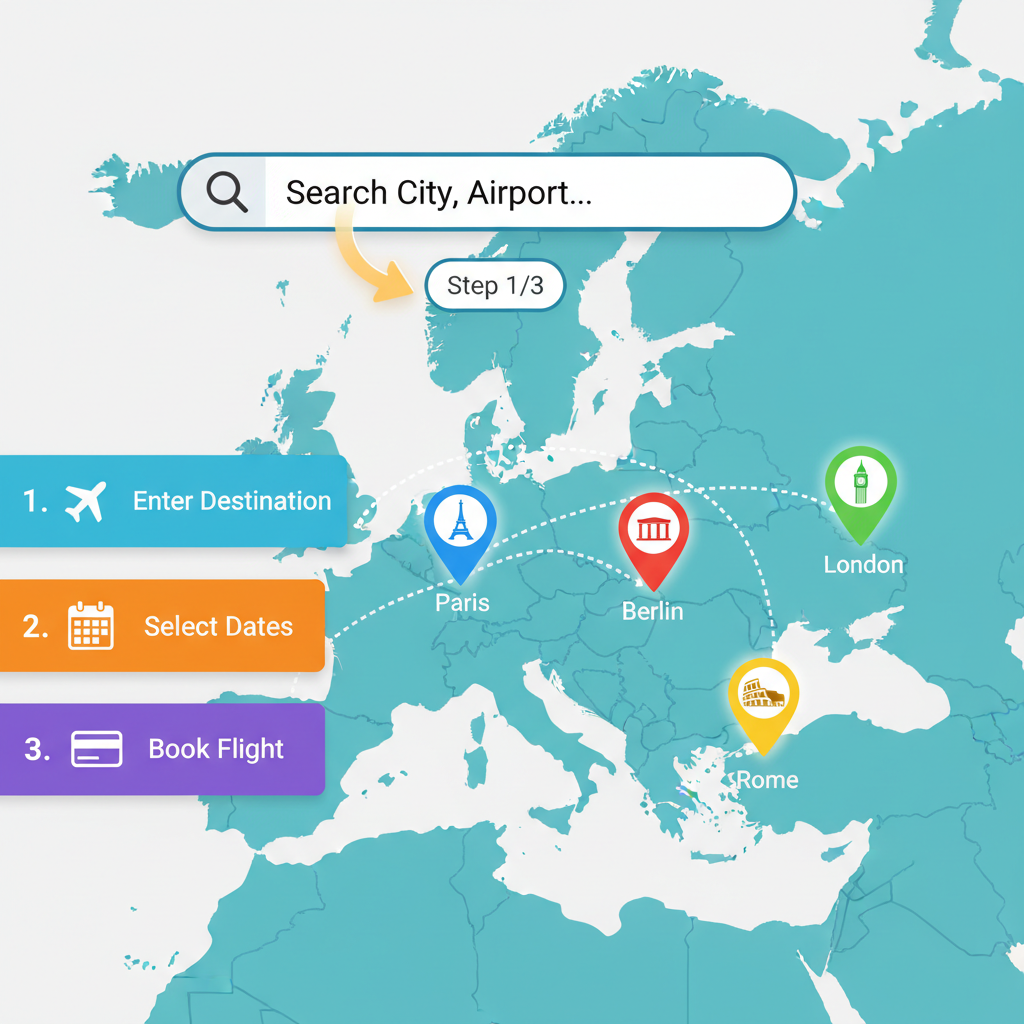 interactive flight map of Europe with search bar, pins on cities like Paris Berlin, vibrant travel UI