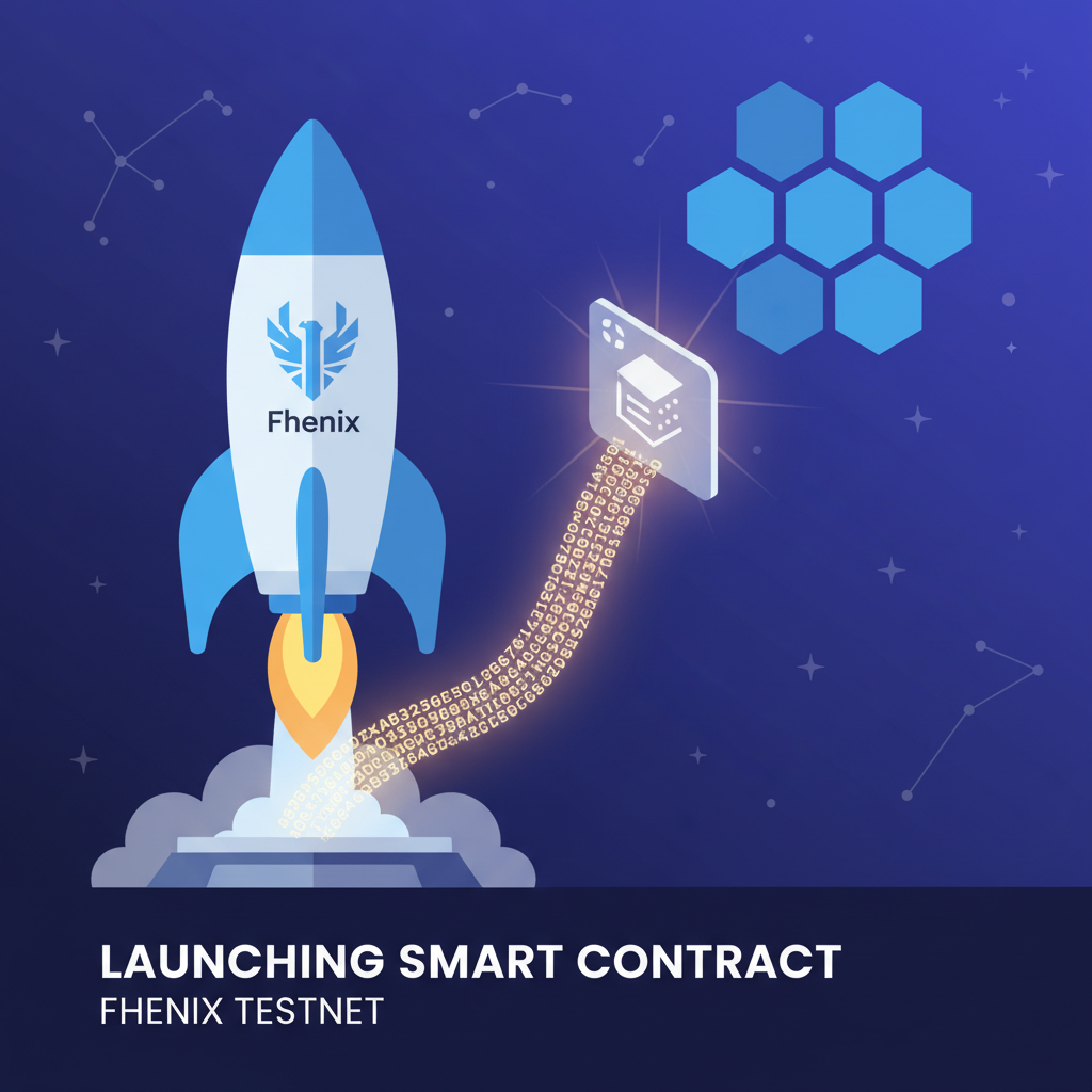 rocket launching smart contract to blockchain testnet, Fhenix logo, transaction hash glowing