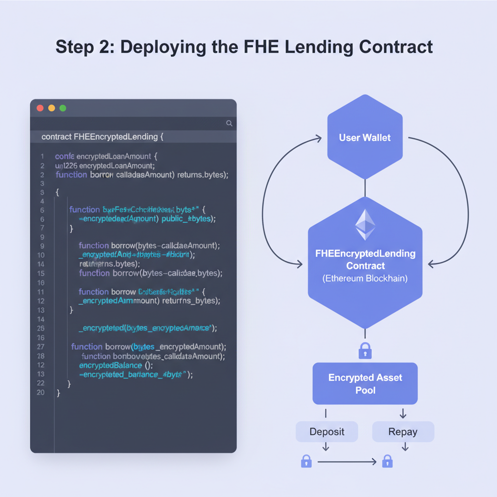 Solidity code editor with FHE encrypted lending contract, glowing ciphertext variables, Ethereum smart contract diagram