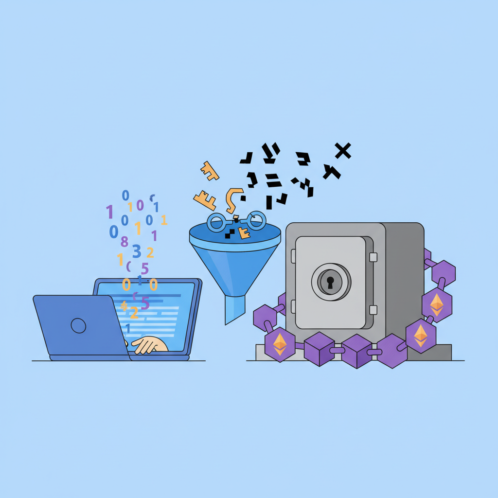 user encrypting data on laptop, keys transforming numbers to ciphertext, secure vault with Ethereum chain