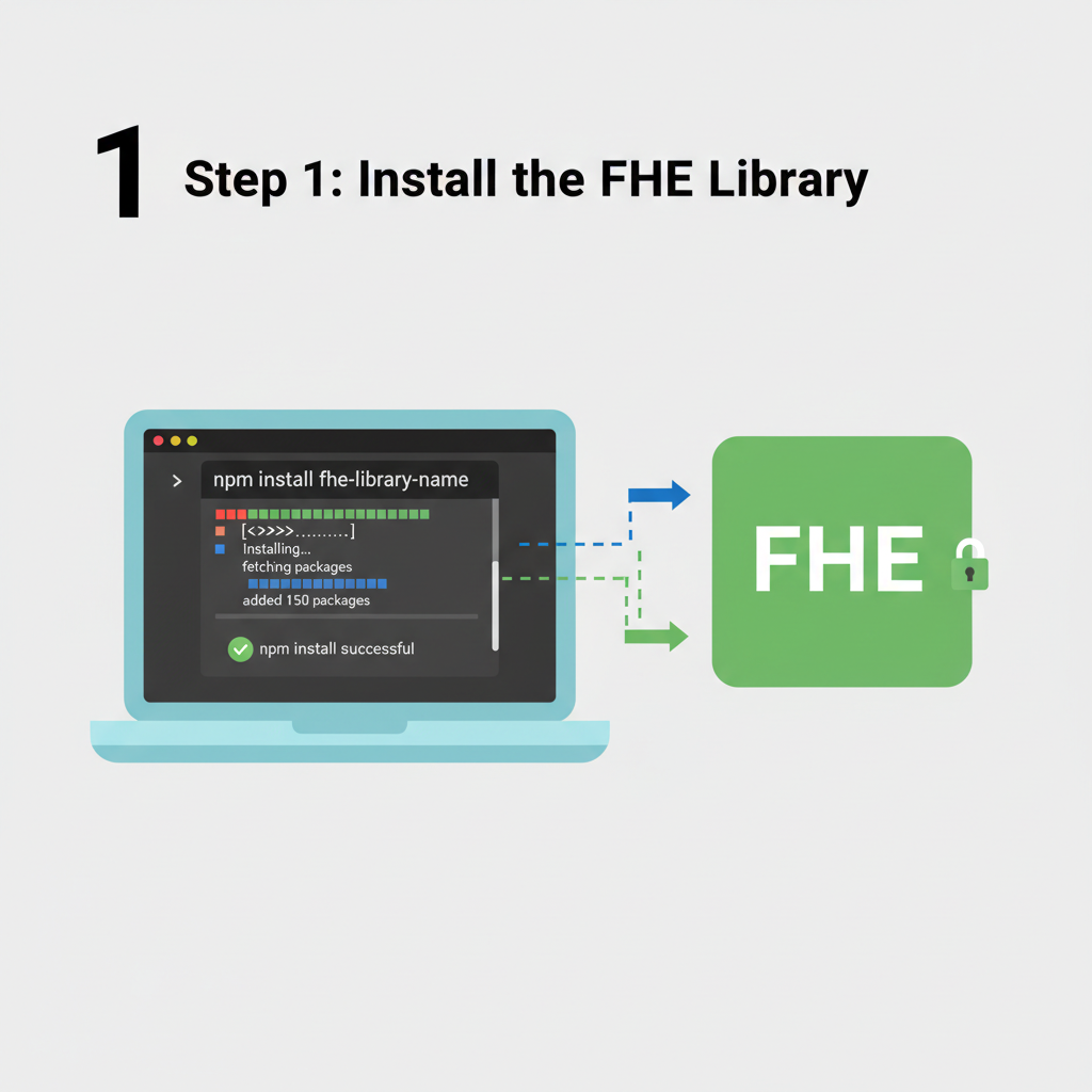 npm install command line installing FHE library, Solidity code snippets with encrypted types, blockchain nodes