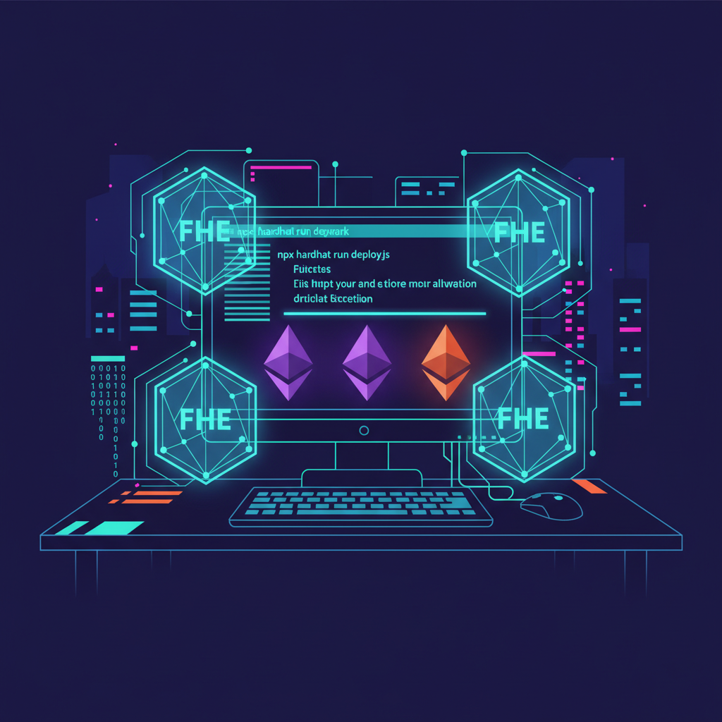 developer workstation with Hardhat terminal, Ethereum logos, glowing FHE encryption shields, cyberpunk style