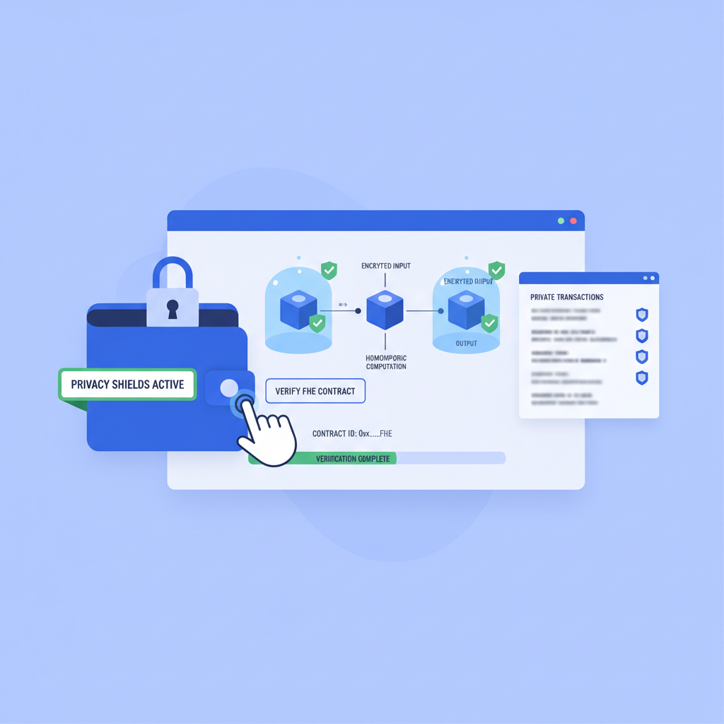 blockchain explorer dashboard verifying FHE contract, user interacting via wallet, privacy shields intact