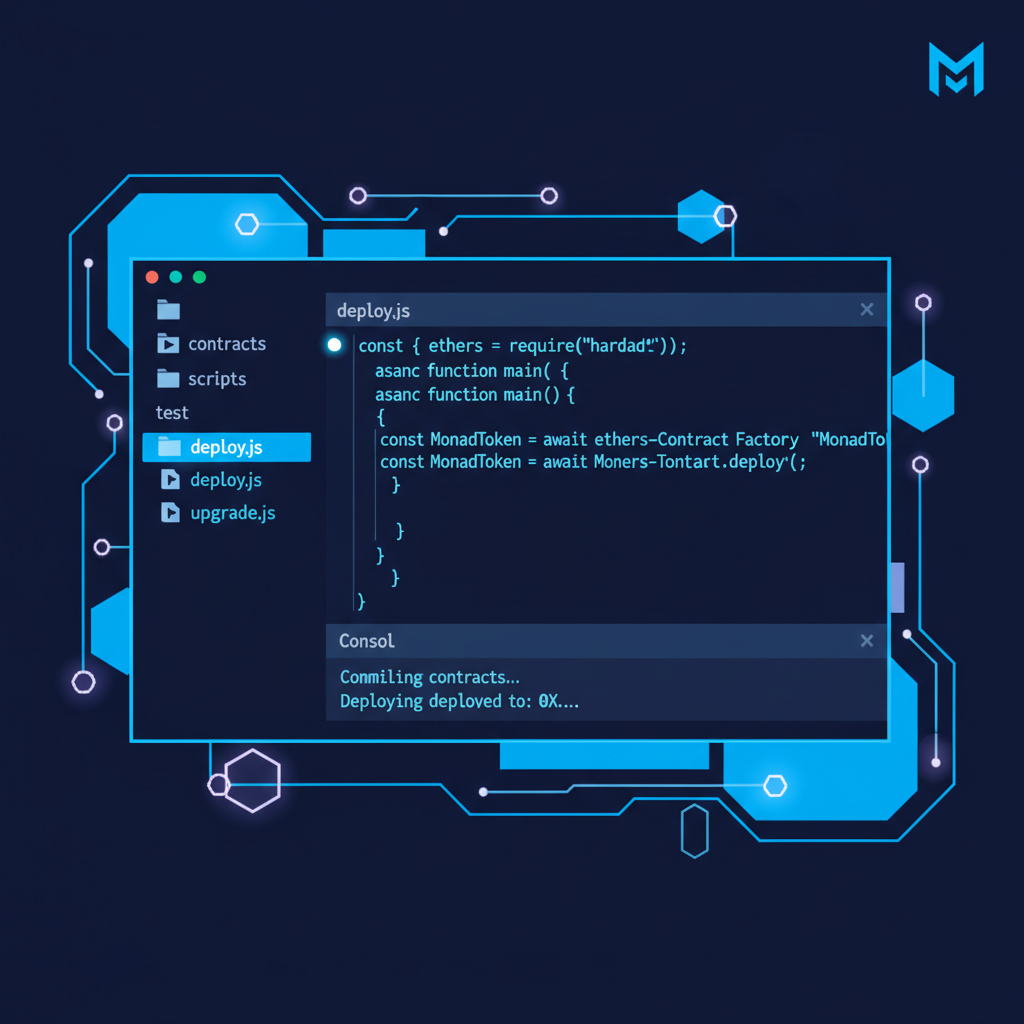 code editor with deploy.js script for Hardhat Solidity deployment, futuristic Monad blockchain theme, neon blue tones