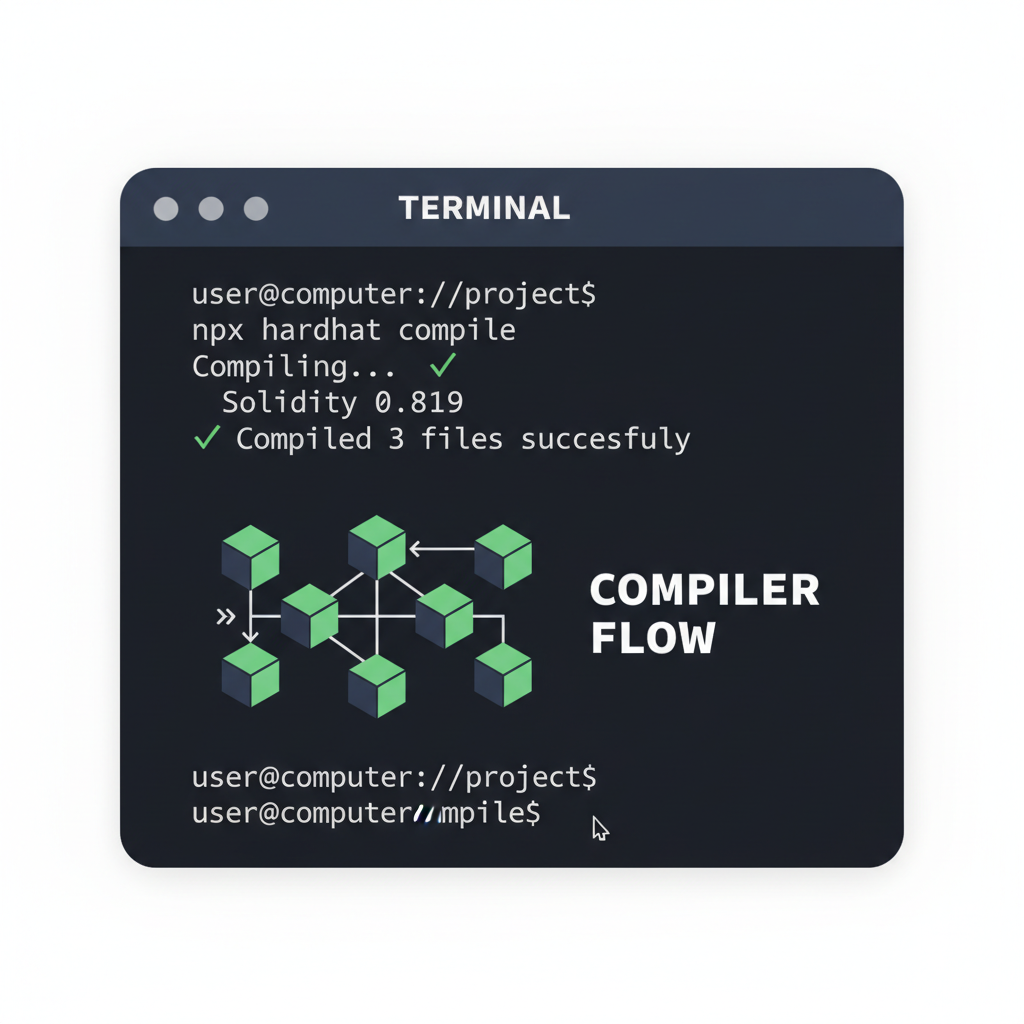 terminal window running npx hardhat compile command, success output with checkmarks, blockchain compiler graphic