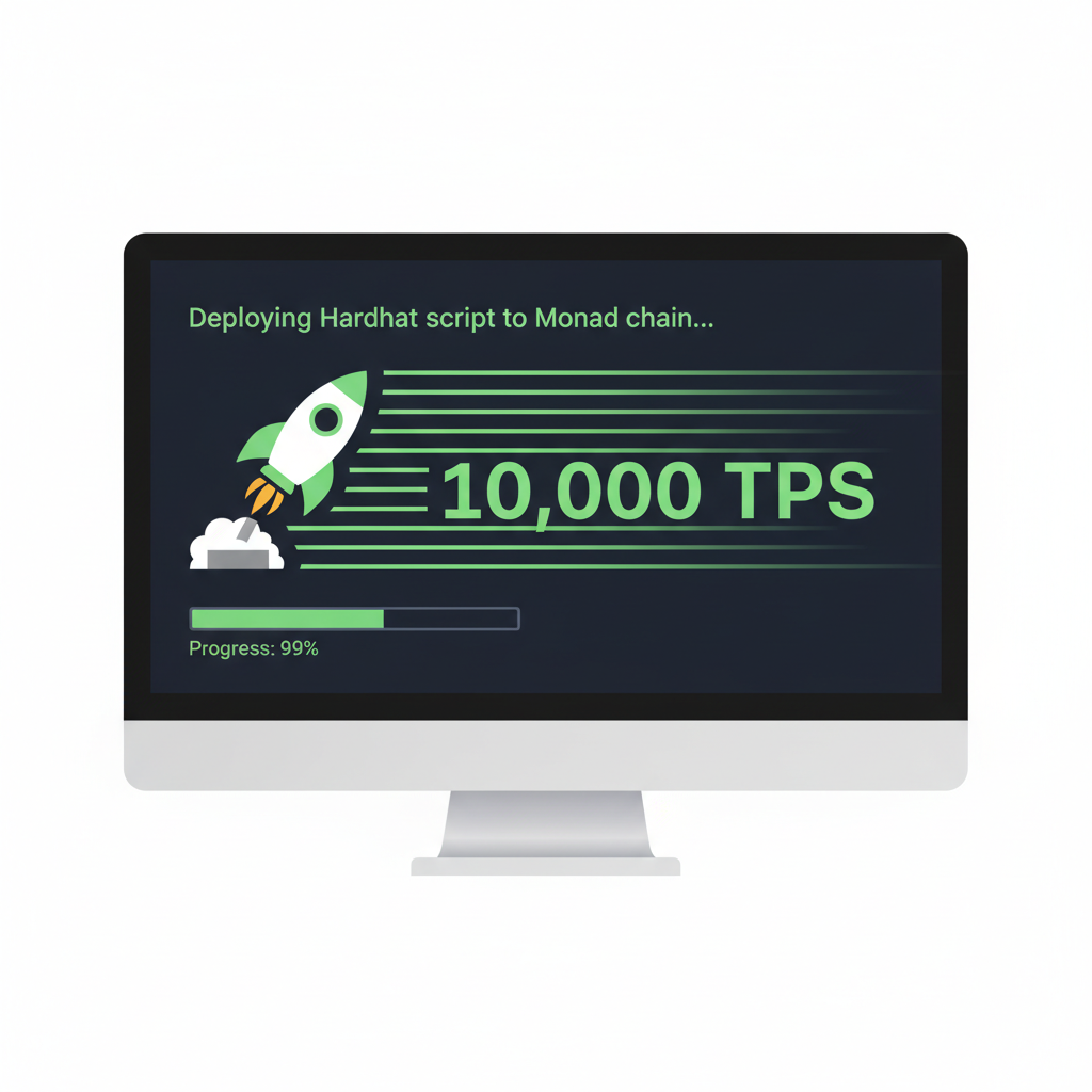 terminal deploying Hardhat script to Monad chain, rocket launch animation, 10k TPS speed lines, green progress