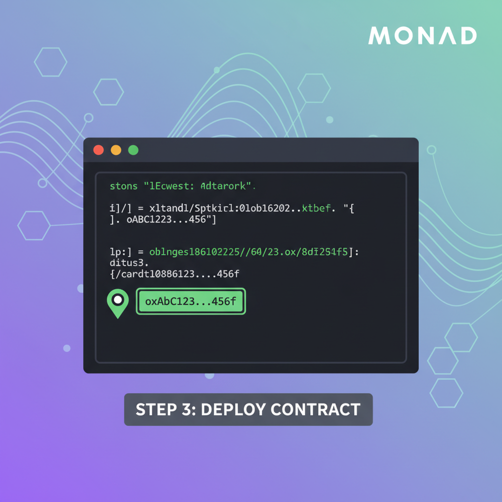 console terminal highlighting deployed contract address in green, pin marker icon, Monad network background