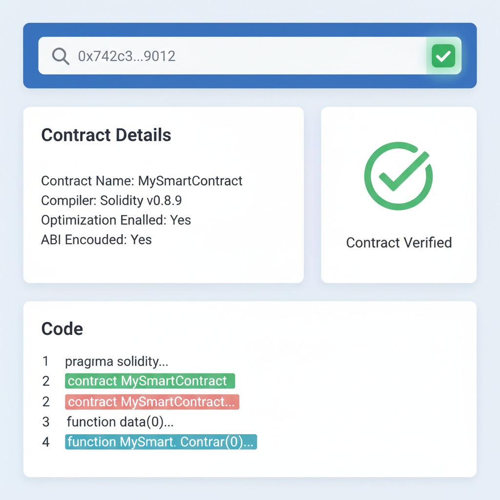 blockchain explorer interface showing verified Solidity contract details, search bar with address, checkmark verified badge