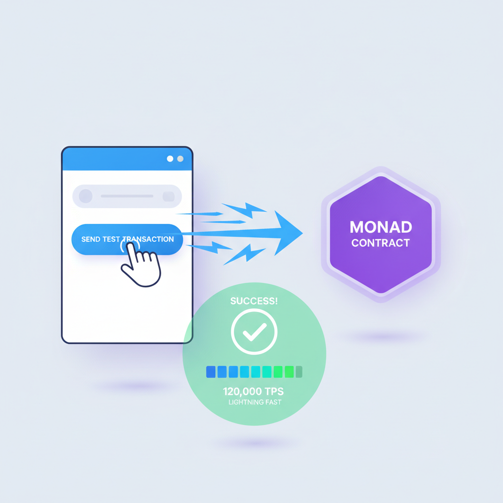wallet or script sending test transaction to Monad contract, success confirmation popup, lightning fast TPS visualization
