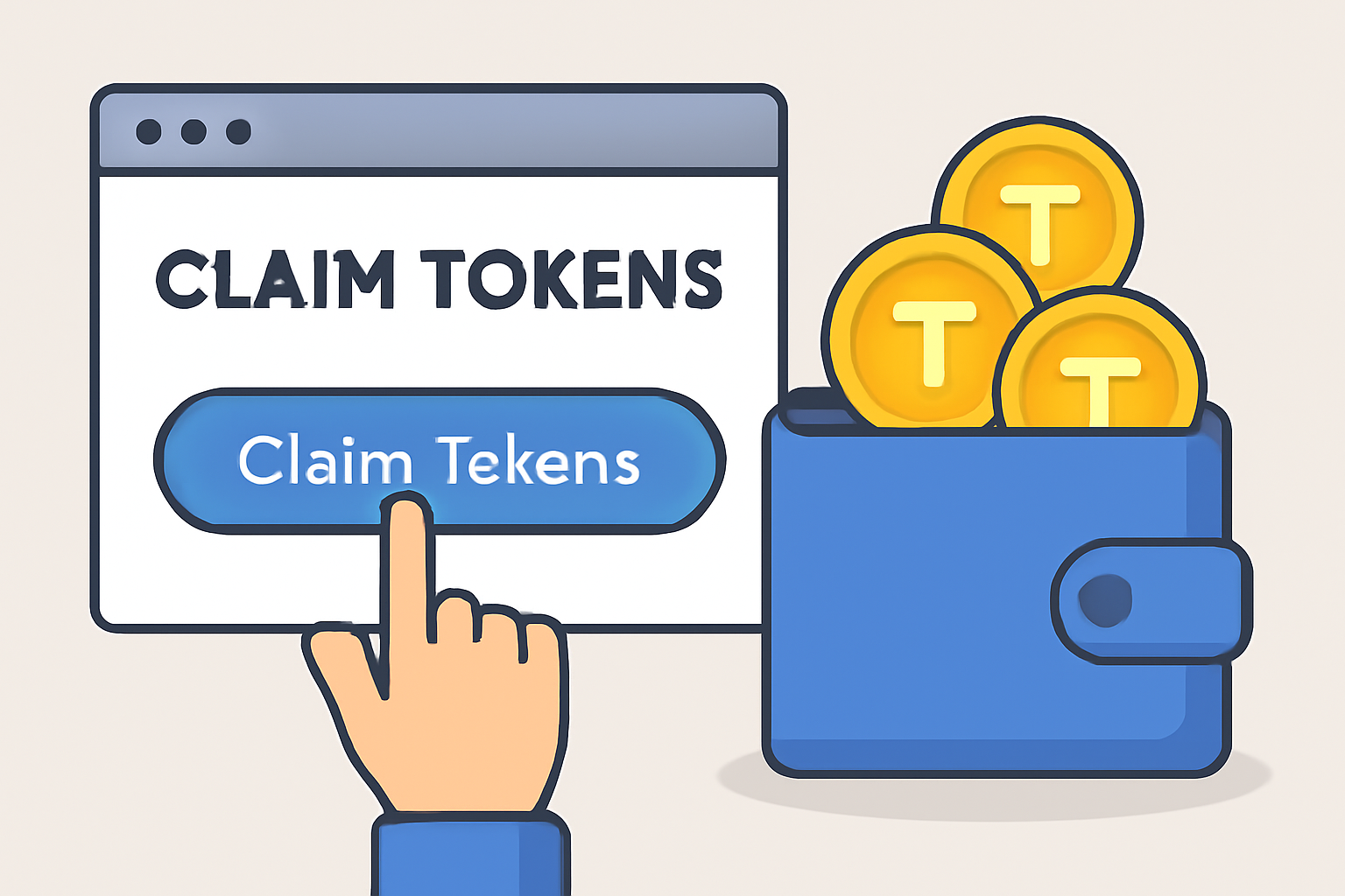A user clicking a 'Claim Tokens' button on a web interface, tokens appearing in their wallet, digital art
