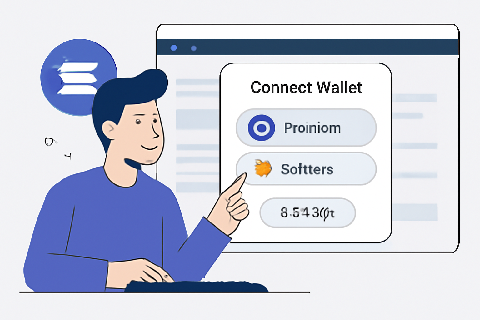 A user connecting their Solana wallet (Phantom or Solflare) to a web platform, with a SOL balance visible, modern UI, digital art