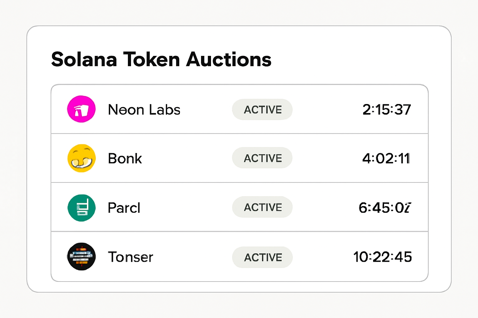 A digital dashboard showing a list of active Solana token auctions, with project logos and countdown timers, clean interface