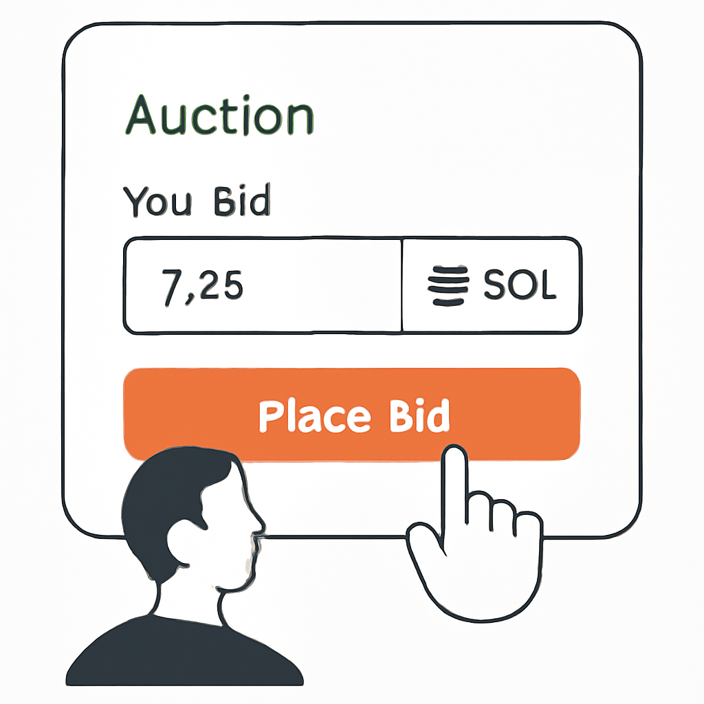 A user entering a bid amount in SOL on a digital auction interface, with a highlighted 'Place Bid' button, modern UI