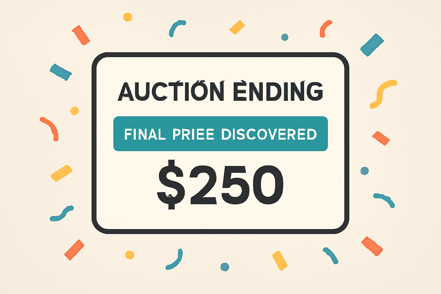 A digital screen showing the auction ending, with animated confetti and a 'Final Price Discovered' banner, modern style
