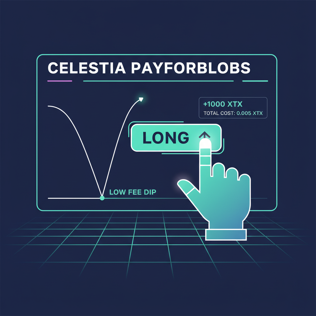 trader entering long position on Celestia PayForBlobs interface, low fee dip chart, cyber interface